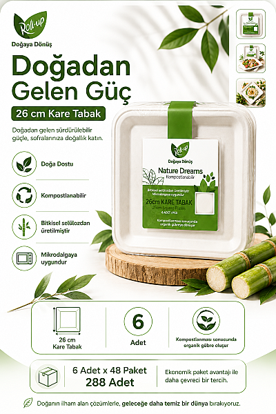 Roll Up Doğa Dostu Kompostlanabilir Şeker Kamışı Kare Tek Kullanımlık Tabak 26 cm 6 Adet x 48 Paket - Koli - 2