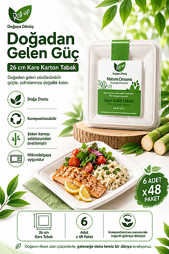 Roll Up Doğa Dostu Kompostlanabilir Şeker Kamışı Kare Tek Kullanımlık Tabak 26 cm 6 Adet x 48 Paket - Koli - 3