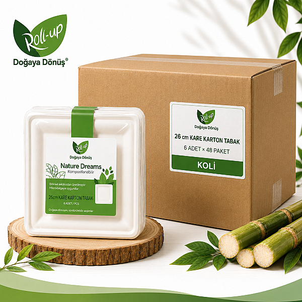 Roll Up Doğa Dostu Kompostlanabilir Şeker Kamışı Kare Tek Kullanımlık Tabak 26 cm 6 Adet x 48 Paket - Koli - 1