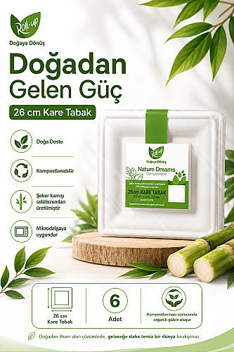 Roll-Up Doğa Dostu Kompostlanabilir Şeker Kamışı Kare Tek Kullanımlık Tabak 26 cm 6 Adet - 2
