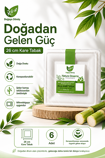 Roll-Up Doğa Dostu Kompostlanabilir Şeker Kamışı Kare Tek Kullanımlık Tabak 26 cm 6 Adet - 2