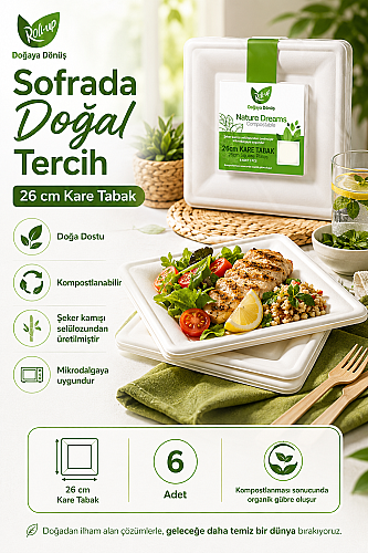 Roll-Up Doğa Dostu Kompostlanabilir Şeker Kamışı Kare Tek Kullanımlık Tabak 26 cm 6 Adet - 3