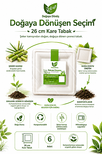 Roll-Up Doğa Dostu Kompostlanabilir Şeker Kamışı Kare Tek Kullanımlık Tabak 26 cm 6 Adet - 4