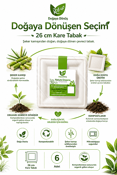 Roll-Up Doğa Dostu Kompostlanabilir Şeker Kamışı Kare Tek Kullanımlık Tabak 26 cm 6 Adet - 4