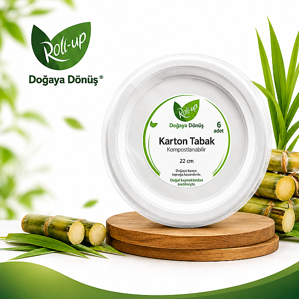 Roll-Up Doğa Dostu Kompostlanabilir Şeker Kamışı Yuvarlak Tek Kullanımlık Tabak 22 cm 6 Adet - 1