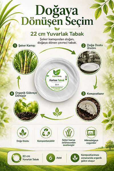 Roll-Up Doğa Dostu Kompostlanabilir Şeker Kamışı Yuvarlak Tek Kullanımlık Tabak 22 cm 6 Adet - 3