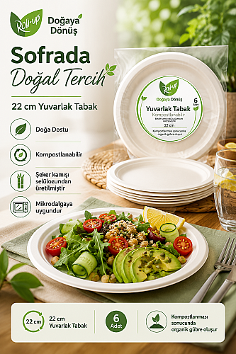 Roll-Up Doğa Dostu Kompostlanabilir Şeker Kamışı Yuvarlak Tek Kullanımlık Tabak 22 cm 6 Adet - 4