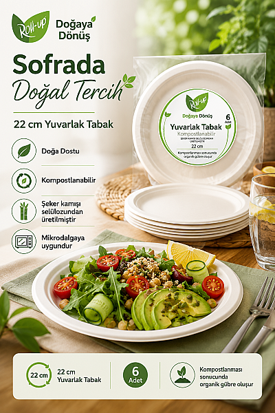 Roll-Up Doğa Dostu Kompostlanabilir Şeker Kamışı Yuvarlak Tek Kullanımlık Tabak 22 cm 6 Adet - 4