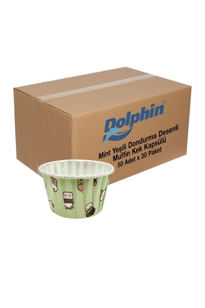 Dolphin Kağıt Muffin Kek Kapsülü Dondurma Desenli Mint Yeşili 50 Adet x 30 Paket Koli - 1