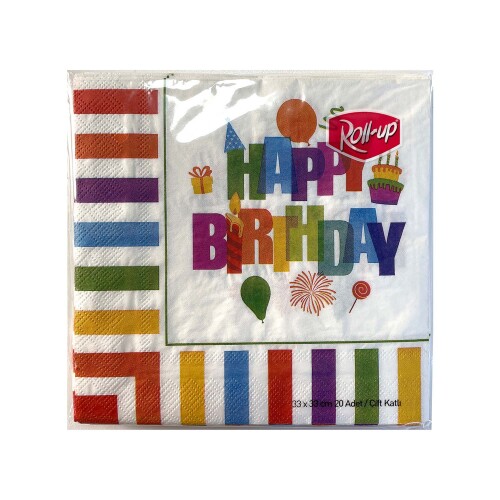 Roll-Up Kağıt Peçete Renkli Doğum Günü 33x33cm 20li - Roll-up