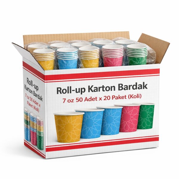 Roll-Up 7oz Karton Bardak Renkli 50 Adet x 20 Paket - Koli - 1