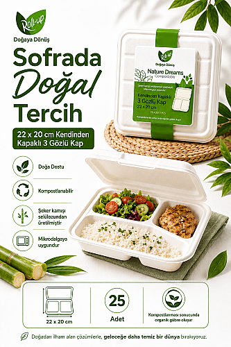Roll-Up Doğa Dostu Kompostlanabilir Şeker Kamışı 3 Gözlü Kendinden Kapaklı Tek Kullanımlık Dikdörtgen Kap 22 x 20 cm 25 Adet - 2