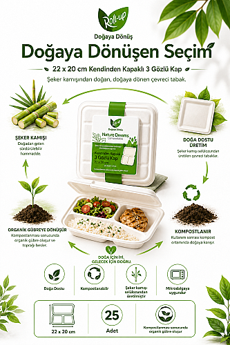 Roll-Up Doğa Dostu Kompostlanabilir Şeker Kamışı 3 Gözlü Kendinden Kapaklı Tek Kullanımlık Dikdörtgen Kap 22 x 20 cm 25 Adet - 3
