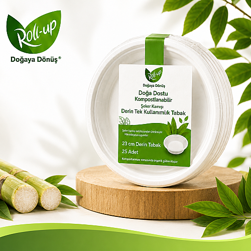 Roll-Up Doğa Dostu Kompostlanabilir Şeker Kamışı Derin Tek Kullanımlık Tabak 23 cm 25 Adet - Roll-up