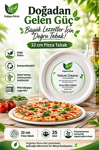 Roll-Up Doğa Dostu Kompostlanabilir Şeker Kamışı Pizza Tek Kullanımlık Tabak 32 cm 25 Adet - 2