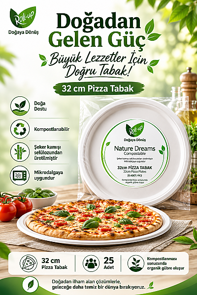 Roll-Up Doğa Dostu Kompostlanabilir Şeker Kamışı Pizza Tek Kullanımlık Tabak 32 cm 25 Adet - 2