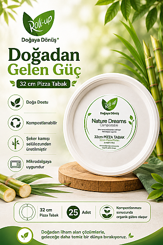 Roll-Up Doğa Dostu Kompostlanabilir Şeker Kamışı Pizza Tek Kullanımlık Tabak 32 cm 25 Adet - 3