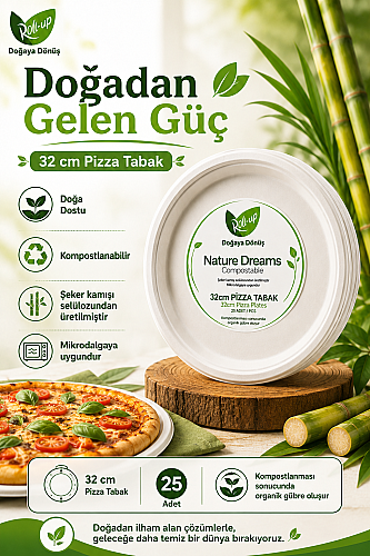 Roll-Up Doğa Dostu Kompostlanabilir Şeker Kamışı Pizza Tek Kullanımlık Tabak 32 cm 25 Adet - 4