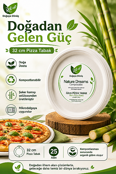 Roll-Up Doğa Dostu Kompostlanabilir Şeker Kamışı Pizza Tek Kullanımlık Tabak 32 cm 25 Adet - 4