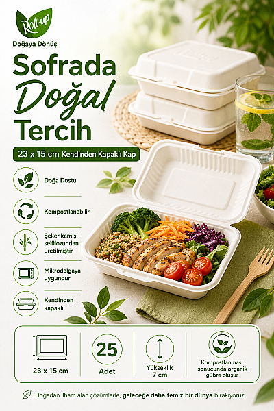 Roll-Up Doğa Dostu Kompostlanabilir Şeker Kamışı Kendinden Kapaklı Tek Kullanımlık Dikdörtgen Kap 23 x 15 cm 25 Adet - 2