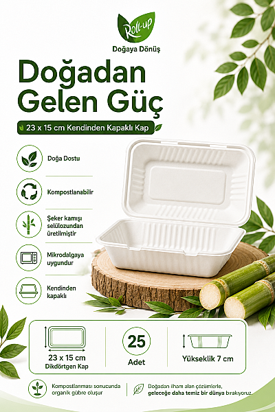 Roll-Up Doğa Dostu Kompostlanabilir Şeker Kamışı Kendinden Kapaklı Tek Kullanımlık Dikdörtgen Kap 23 x 15 cm 25 Adet - 3