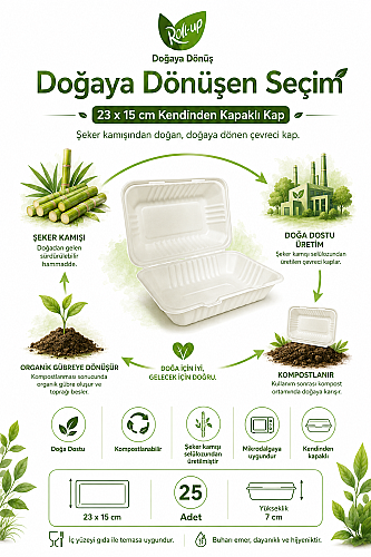Roll-Up Doğa Dostu Kompostlanabilir Şeker Kamışı Kendinden Kapaklı Tek Kullanımlık Dikdörtgen Kap 23 x 15 cm 25 Adet - 4