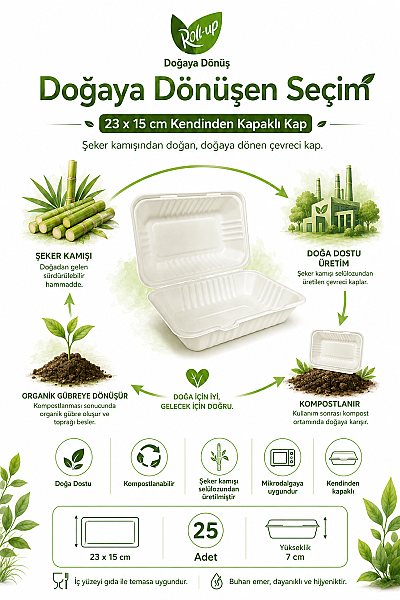 Roll-Up Doğa Dostu Kompostlanabilir Şeker Kamışı Kendinden Kapaklı Tek Kullanımlık Dikdörtgen Kap 23 x 15 cm 25 Adet - 4