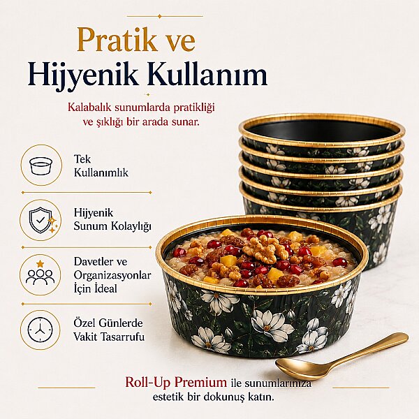Roll-Up Premium Çiçek Desenli Siyah Yuvarlak Tatlı-Aşure Kase 6 Adet - 2