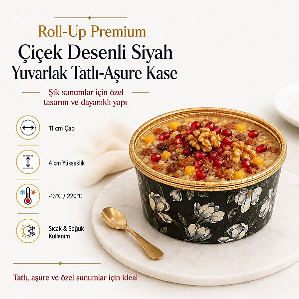 Roll-Up Premium Çiçek Desenli Siyah Yuvarlak Tatlı-Aşure Kase 6 Adet - 1