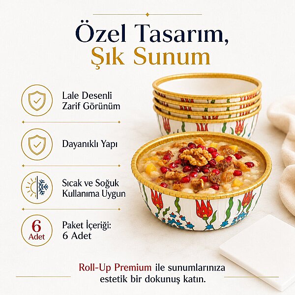 Roll-Up Premium Lale Desenli Beyaz Yuvarlak Tatlı-Aşure Kase 6 Adet - 4