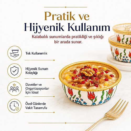 Roll-Up Premium Lale Desenli Beyaz Yuvarlak Tatlı-Aşure Kase 6 Adet - 5