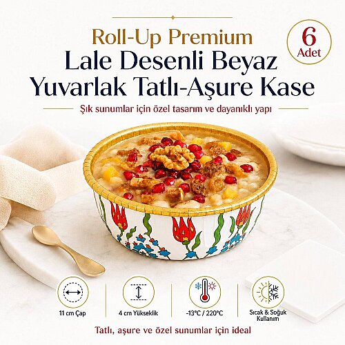 Roll-Up Premium Lale Desenli Beyaz Yuvarlak Tatlı-Aşure Kase 6 Adet