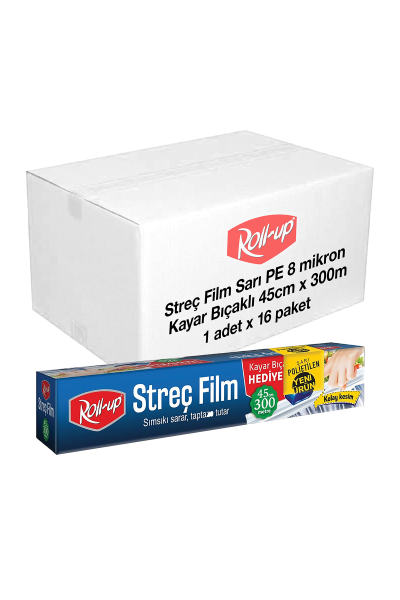 Roll Up Sarı PE Streç Film 45 cm x 300m 8mic (Kayar Bıçak Hediyeli) x 16 Paket (Koli) - 1